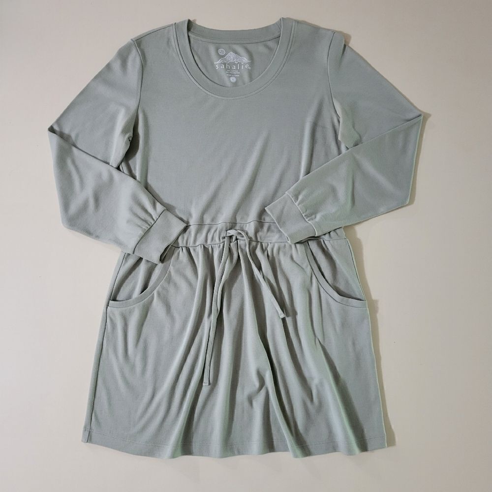 Sahalie Sage Green Long Sleeve Scoop-neck Tshirt Dress